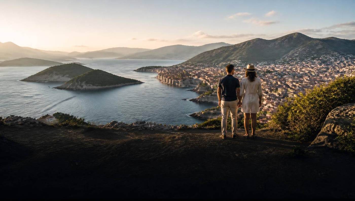 Travellers overlooking a coastal city and islands