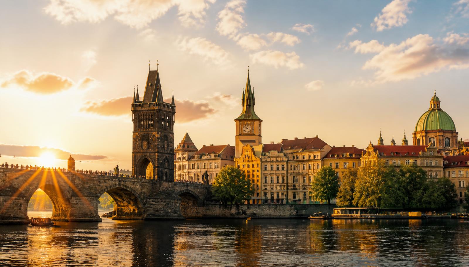 Charles Bridge and the Prague old town skyline at golden hour