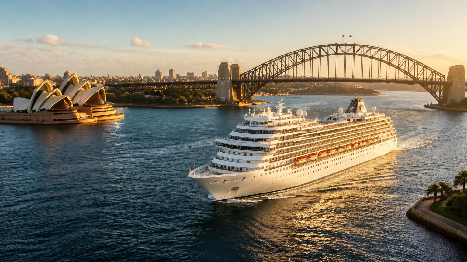 Cruise ship at anchor beside a tropical island under a clear sky