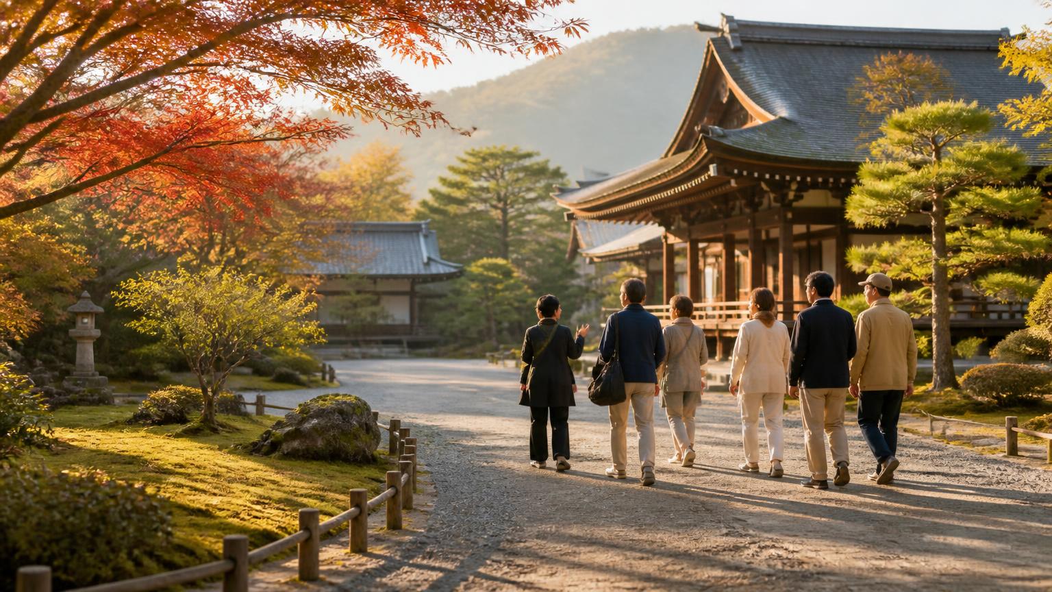 Travellers exploring a temple garden on an escorted group tour
