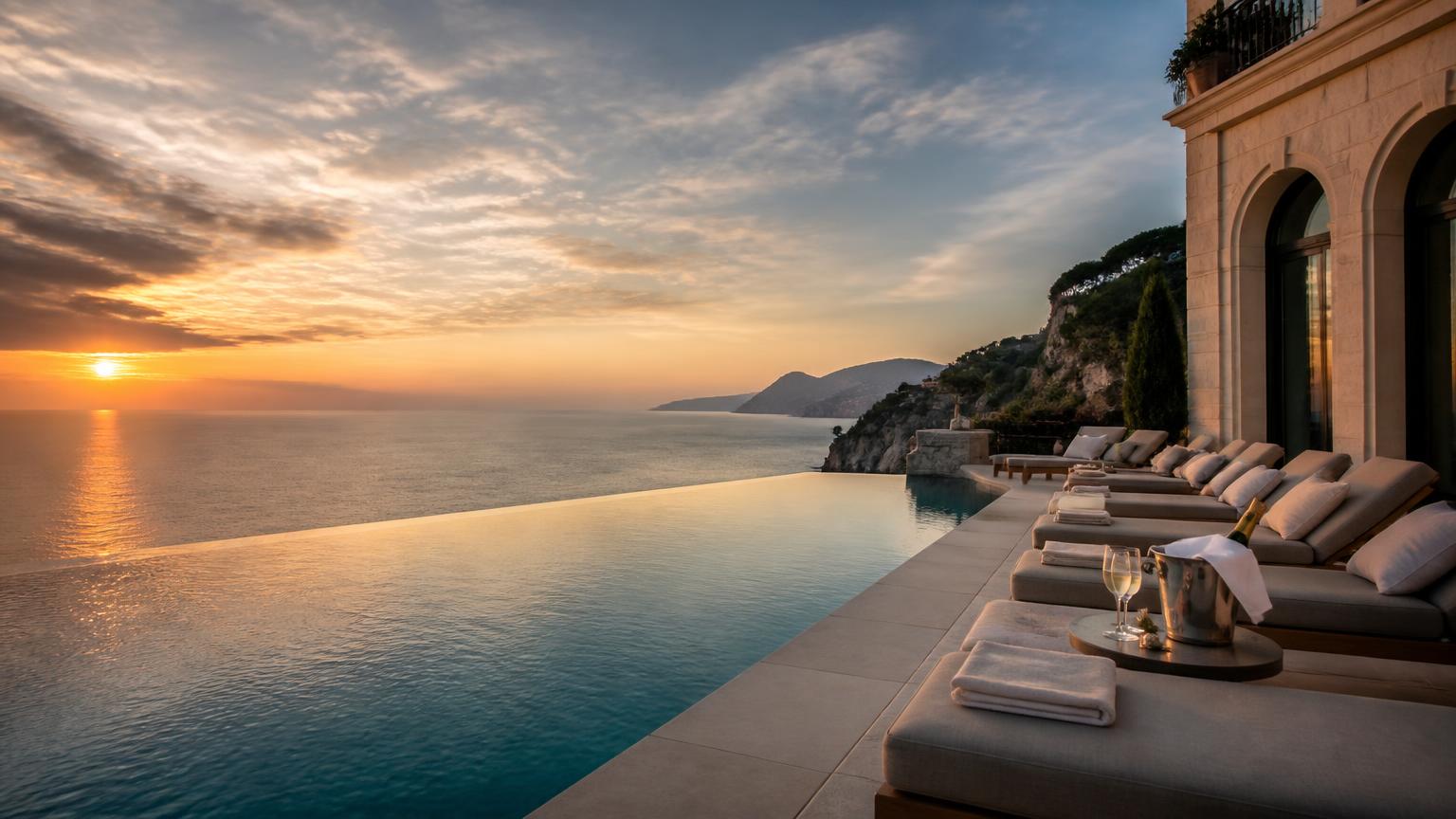 Luxury hotel terrace overlooking a European coastline