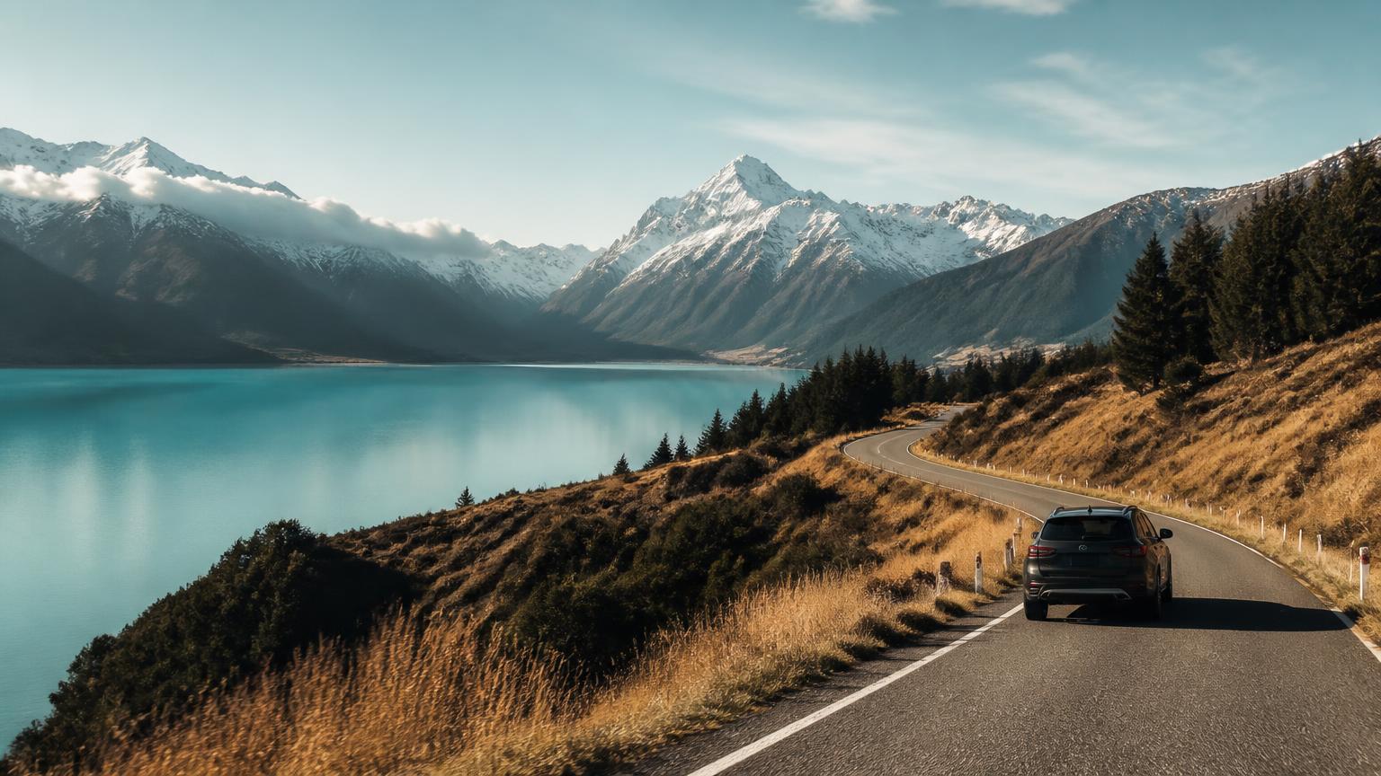 Car on a scenic mountain road beside a lake