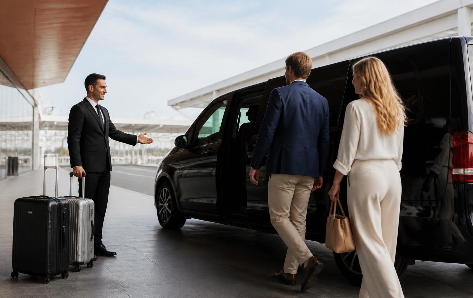 Private airport transfer driver welcoming travellers beside a luxury vehicle